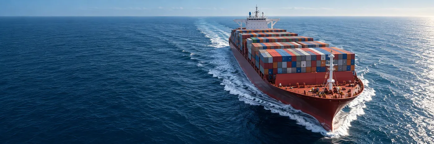 Loaded container ship with a dark red hull and multicoloured containers under way on a deep blue open sea, aerial three-quarter view with a white wake