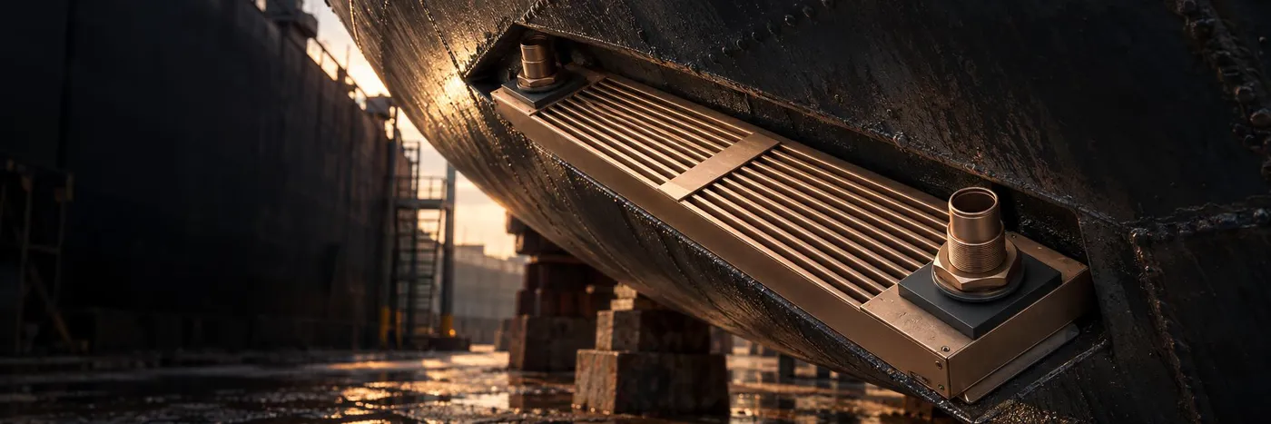 Copper-nickel rectangular tube keel cooler mounted in a recess on the dark steel hull of a vessel in dry dock