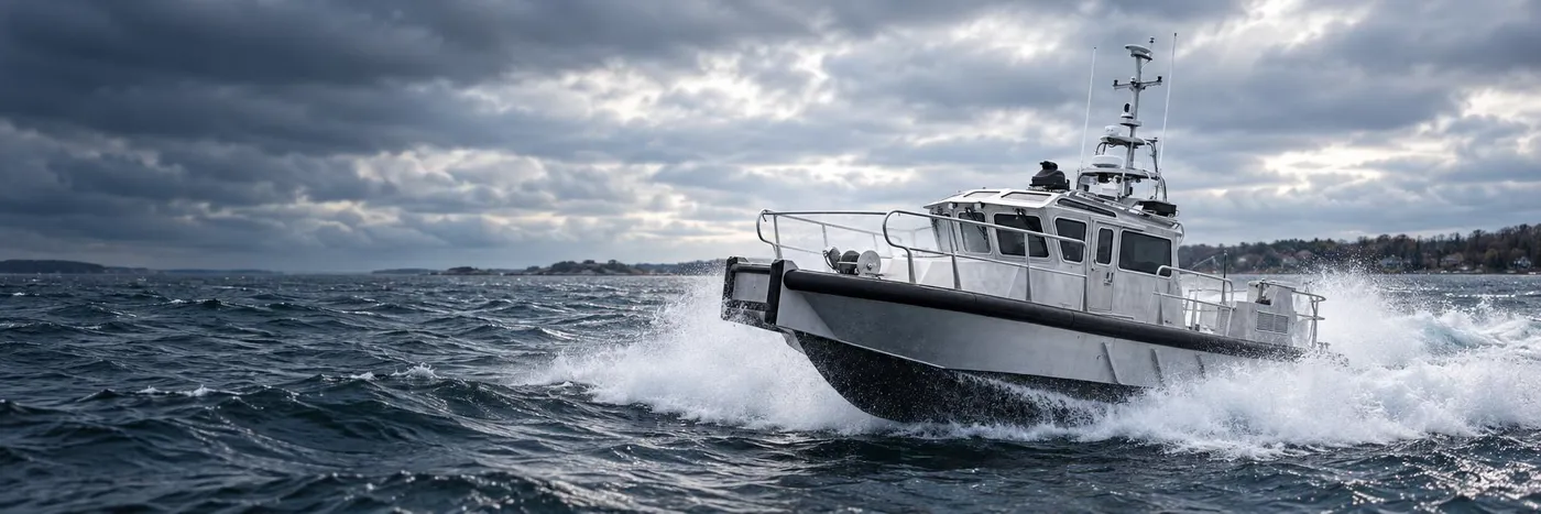Grey aluminium patrol boat running at speed through choppy coastal water under a cloudy sky